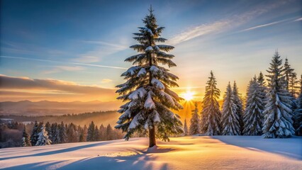 Fototapeta premium A majestic fir tree rises above a blanket of snow in a peaceful winter forest at sunrise, its dark trunk and branches silhouetted against the pale morning light, silhouette, winter tree