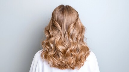 Naklejka premium Elegant long blonde wavy hairstyle back view soft natural haircare style