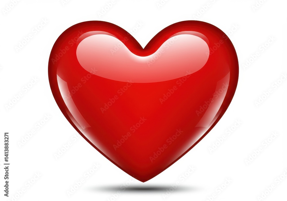 Poster a single shiny red heart shape object isolated on a plain white background with a soft shadow below