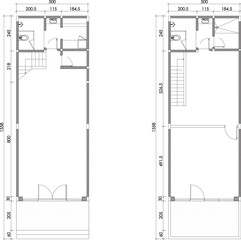 2 dimension floor plan design of store 60 meters squares with house two floor, line black isolated on white background. Set 2