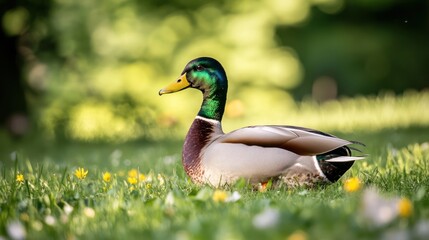Obraz premium Mallard duck resting park grass spring flowers bokeh
