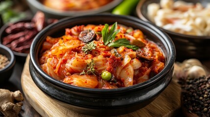 Fototapeta premium Vibrant Red And Brown Kimchi In A Dark Stone Bowl