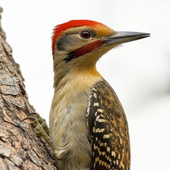 Closeup of Brown Woodpecker Perched on Tree Trunk Against White Background