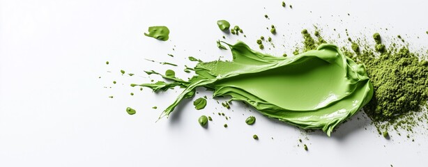 Green paint splash with powder effects on a white background. The fusion of two elements concept. Matcha with coconut milk