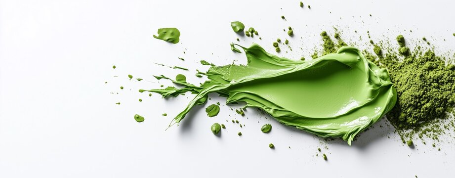 Green paint splash with powder effects on a white background. The fusion of two elements concept. Matcha with coconut milk