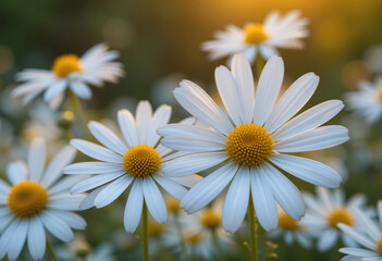 Obraz premium A field of daisies with white petals and yellow centers in soft focus under warm lighting conditions