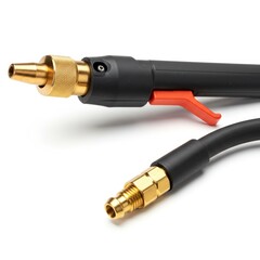 Close-up View of a Brazing Torch with Orange Trigger and Black Hose