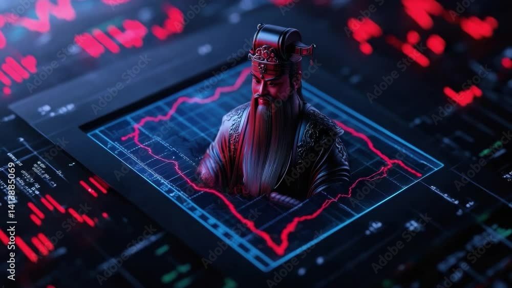 Poster digital artwork of a warrior figure overlaid on financial graphs and data stream background