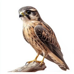 Brown Merlin Perched on Branch Against White Background