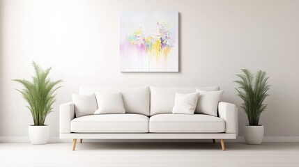 Pastel abstract artwork displayed in a modern living room.  Soft colors, and flowing brushstrokes create a serene and airy feel