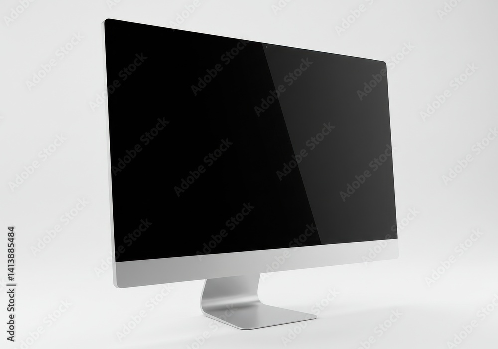 Poster silver computer monitor with a black screen against a plain white background in a studio setting