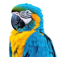 Close Up of Blue and Gold Macaw Bird with Vibrant Feathers on White Background
