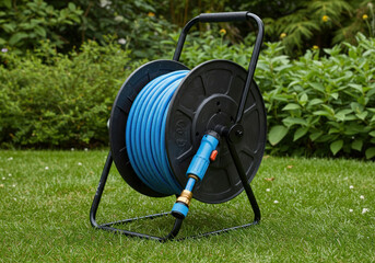 Garden hose reel on a lush green lawn, surrounded by colorful flowers under the bright sun.