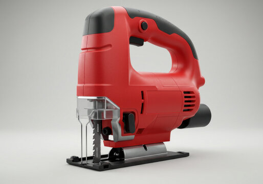 Red electric jigsaw power tool isolated on white background, showing modern ergonomic design with black grip and sharp blade, used for woodworking, carpentry, and precision DIY home projects