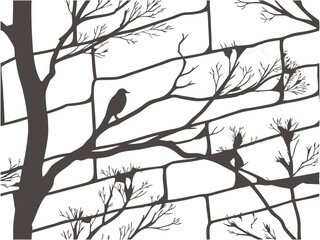 Silhouette Bird on Tree Branches with Brick Wall Background – Vector Nature Design