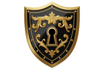 A black shield with golden trim and a keyhole design on a white background in a studio shot view
