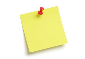 A yellow sticky note pinned to a white surface with a red pushpin in a close up studio shot view