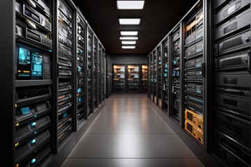 Server room with multiple racks of computer hardware, a data center concept for technology presentation and digital information protection