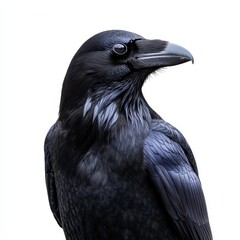 Closeup Profile of a Black Raven on White Background