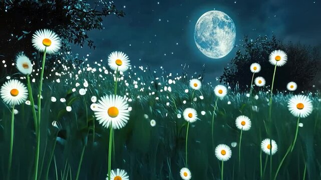 Night meadow flowers full moon