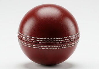 Close up view of a red cricket ball with white stitching on a plain white background in studio light