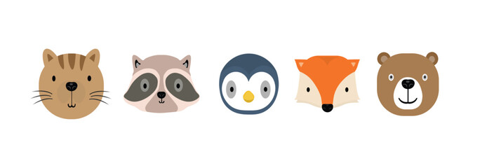 Cute Animal Faces Collection - Cat, Raccoon, Penguin, Fox, Bear Cartoon Vector Set