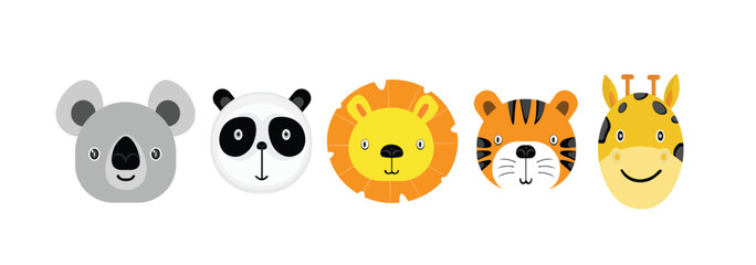Cute Animal Faces Set - Koala, Panda, Lion, Tiger, Giraffe Colorful Cartoon Vector Collection