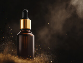 Luxurious serum in dark glass bottle with dropper, set against dramatic background of golden dust and soft lighting, evokes sense of elegance and sophistication