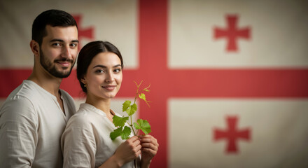 Young couple holding grapevine branch in front of Georgian flag. Man and woman symbolizing Georgian culture, winemaking tradition and national identity. Independence Day of Georgia.