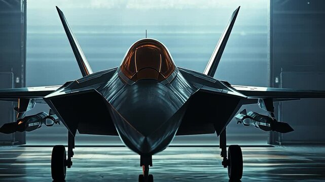 Advanced Fighter Jet in Hangar, Silhouetted