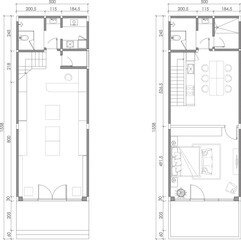 2 dimension floor plan with furniture layout design of store with house 60 meters squares two floor, line black isolated on white background. Set 5