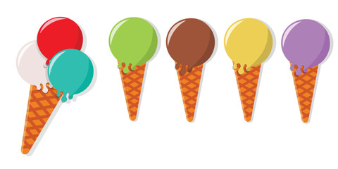 Colorful Ice Cream Cone Vector Set – Flat Style Dessert Illustrations