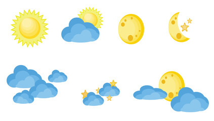Day and Night Sky Icons – Sun, Moon, Clouds, and Stars Vector Set
