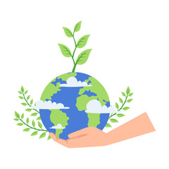 Hand Holding Earth with Green Leaves Happy Earth Day Illustration