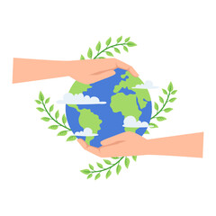 Hand Holding Earth with Green Leaves Happy Earth Day Illustration