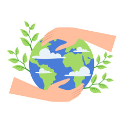 Hand Holding Earth with Green Leaves Happy Earth Day Illustration