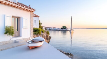 Coastal home, serene sunrise, tranquil harbor.  Small boat moored at the edge of a whitewashed house overlooking the calm water at dawn
