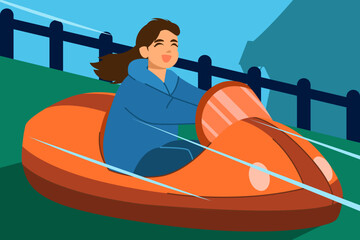 A girl is enjoying a fun ride on a vibrant orange bumper car, smiling as she speeds along the track.