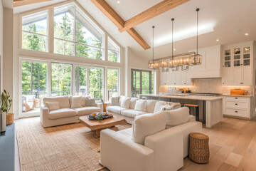 Spacious living room with vaulted ceiling and large window, flooded with natural light. Classic decor accents and cozy seating arrangement.