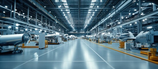 Modern aircraft manufacturing facility with advanced assembly lines under bright lights