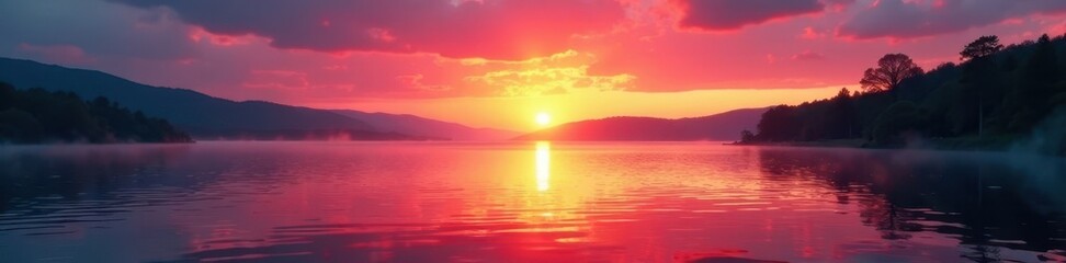 Fototapeta premium Fiery orange and pink sunset reflecting on calm lake water, heatwave, pink