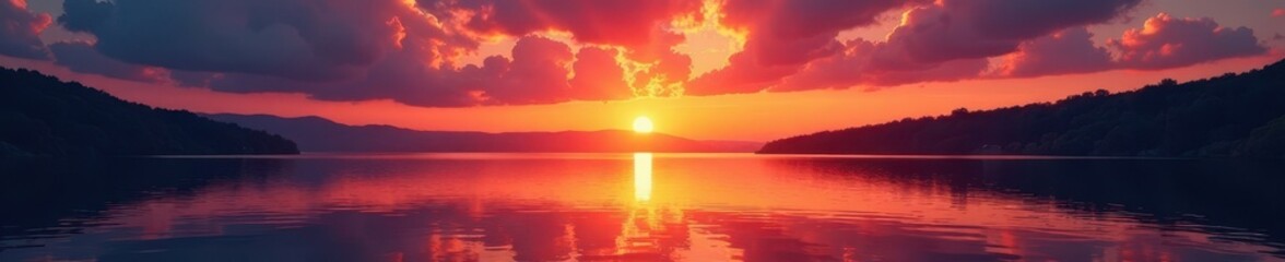 Fototapeta premium Fiery sunset paints sky, reflecting on calm District Lake water, outdoor, majestic, nature