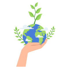 Hand Holding Earth with Green Leaves Happy Earth Day Illustration