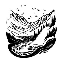 Monochrome Mountainous Landscape with River Design