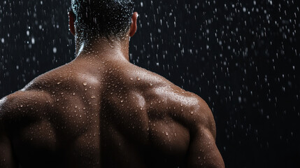 muscular back glistens with water droplets in dramatic lighting setup, creating powerful and intense atmosphere. image captures essence of strength and resilience