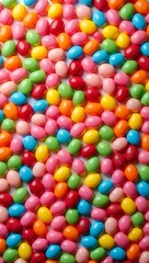 Obraz premium A background entirely made of colorful jelly beans arranged in a tight, candy-packed pattern. Perfect for sweet-themed branding, party invites, or dessert ads.