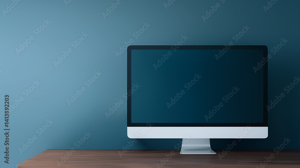 Poster desktop computer on desk: a sleek, modern desktop computer with a blank screen sits on a wooden desk