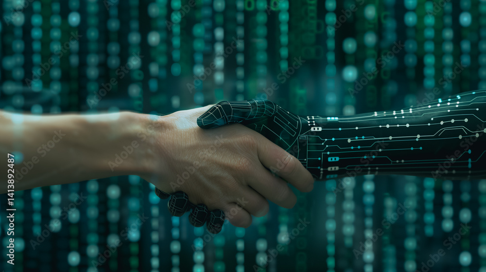 Aufkleber human-ai collaboration: a human hand and a robotic hand shake against a backdrop of cascading binary