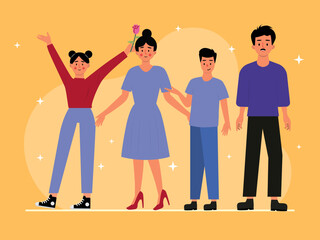 Fototapeta premium Sister raising hand holding flower with mom, little brother and dad standing illustration. Family illustration. Flat vector illustration concept.
