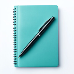 Isolated teal notebook with pen on plain white background, perfect for stationery, office supplies, business design, and educational visual compositions.

